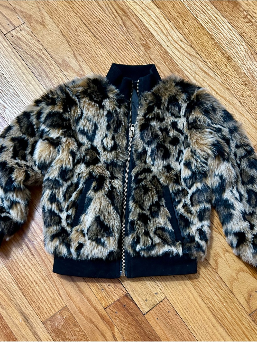 MIA Girls Leopard Faux Fur Bomber Jacket in Tan and Black